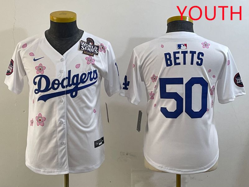 Youth Los Angeles Dodgers #50 Betts White Sakura Edition 2025 Nike MLB Jersey style 3